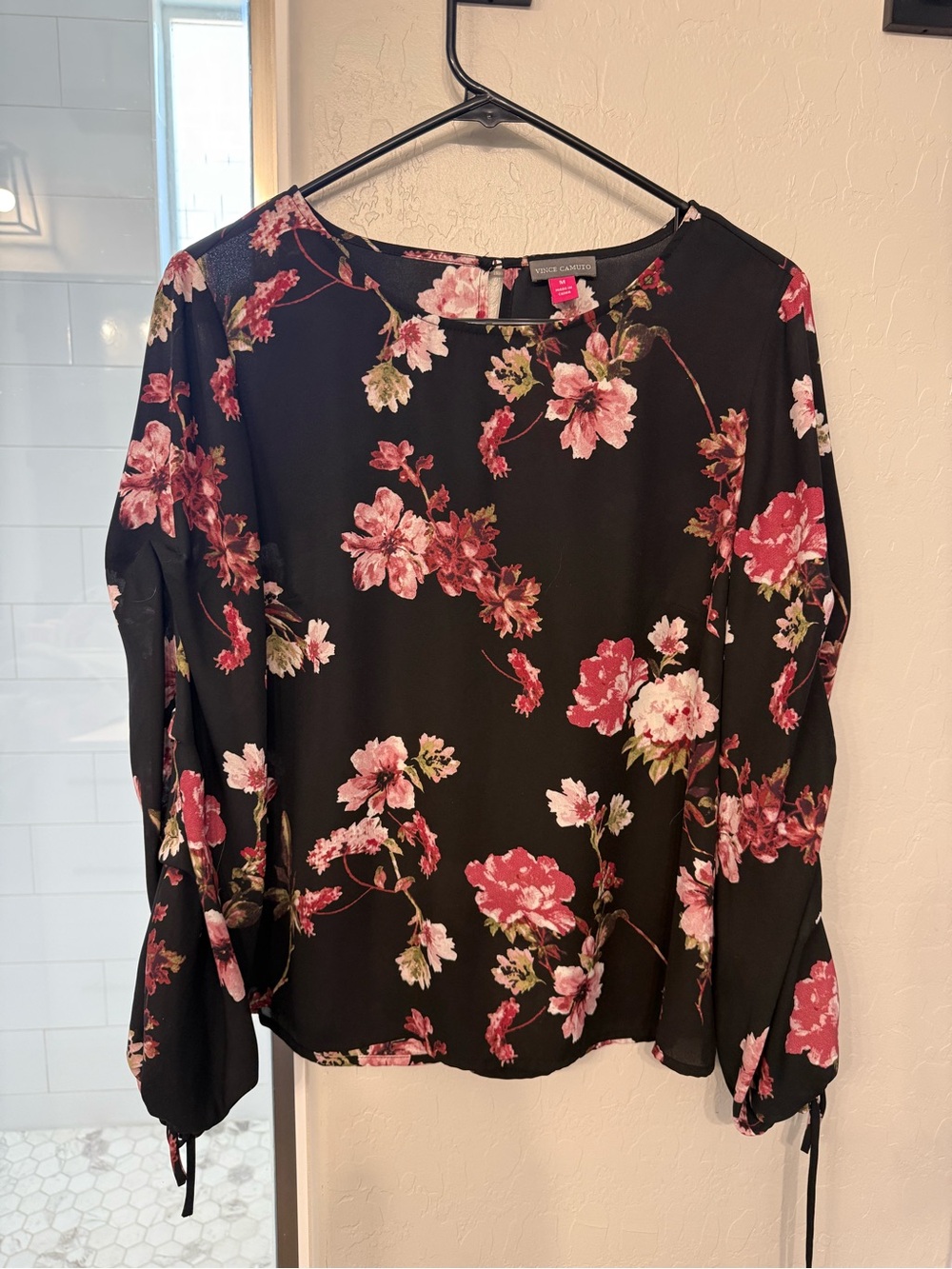 Black Floral Long-Sleeve Blouse in Pink
